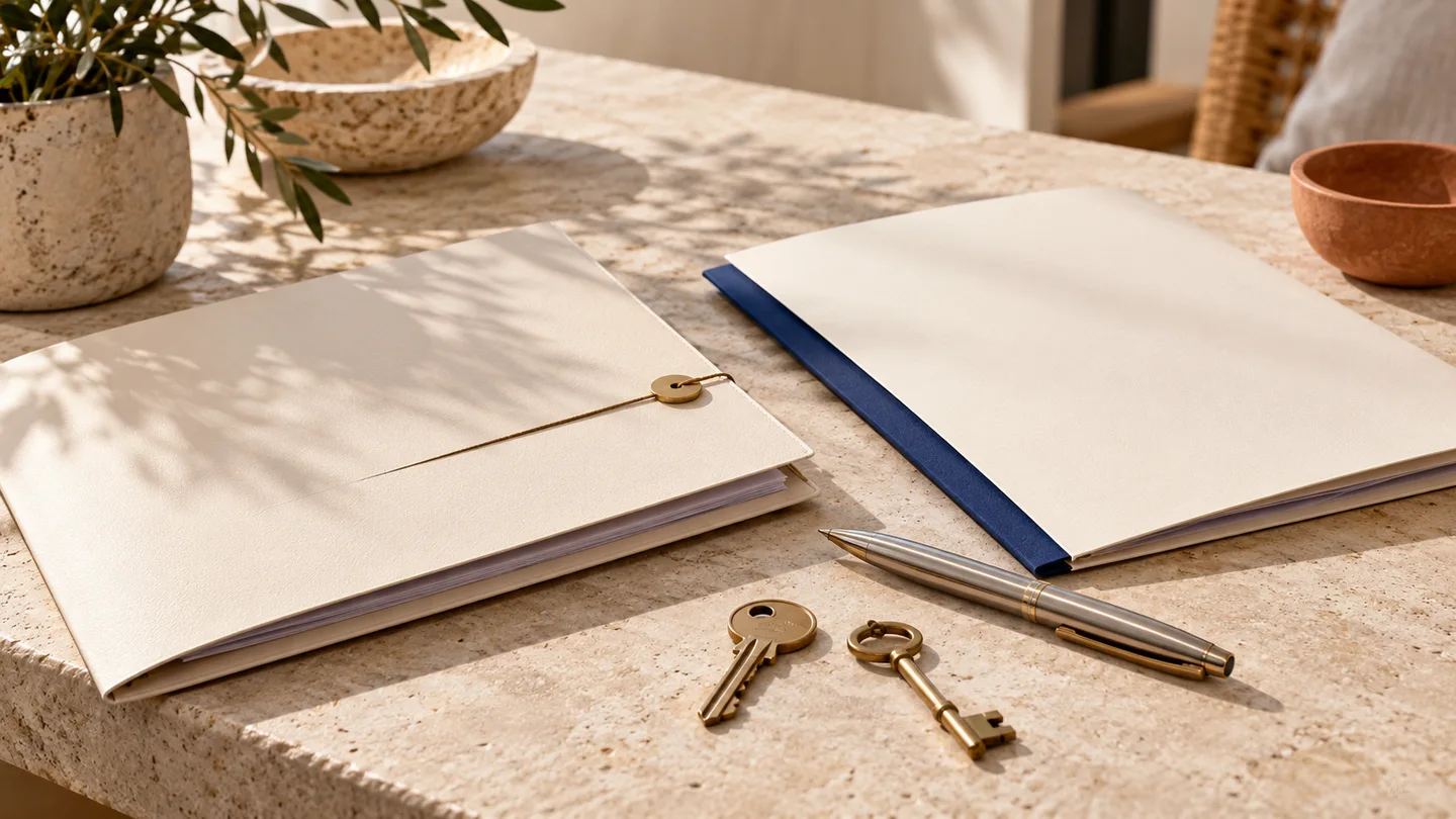 Dossiers contractuels, stylo et deux clés sur une table