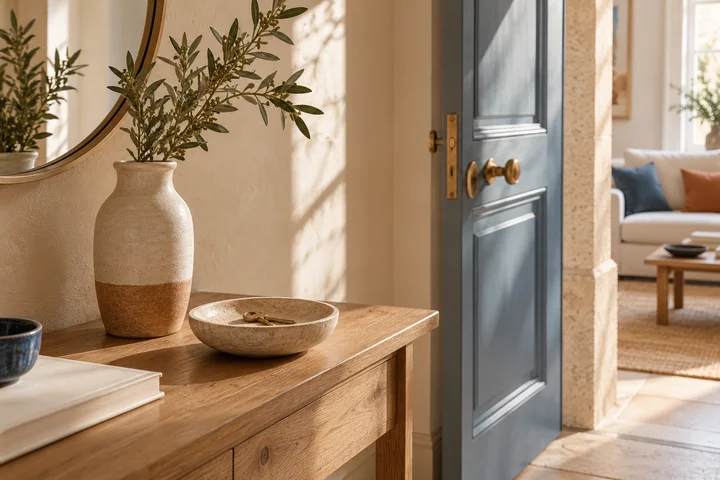 Entrée d’appartement avec une console en bois et une porte bleue
