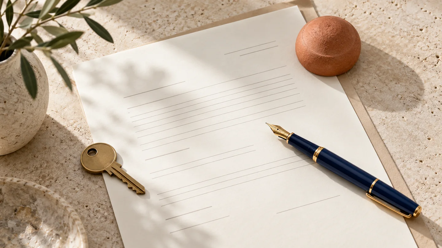 Document, stylo et clé disposés sur une table claire